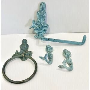 Cast Iron Mermaid Hooks & Holders, Rustic Nautical Bathroom Decor Hardware Set